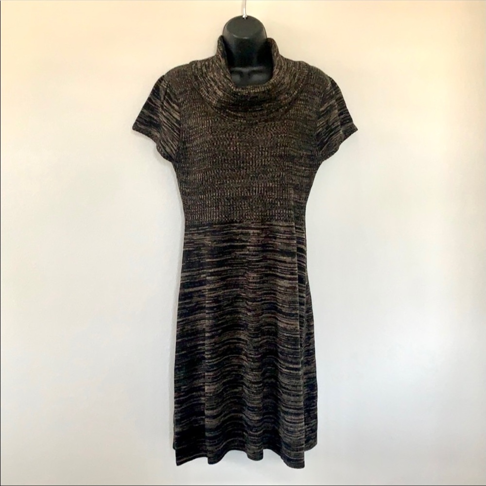 Marvin Richards Brown Space Dye Short Sleeve Turtleneck Fit Flare Sweater Dress